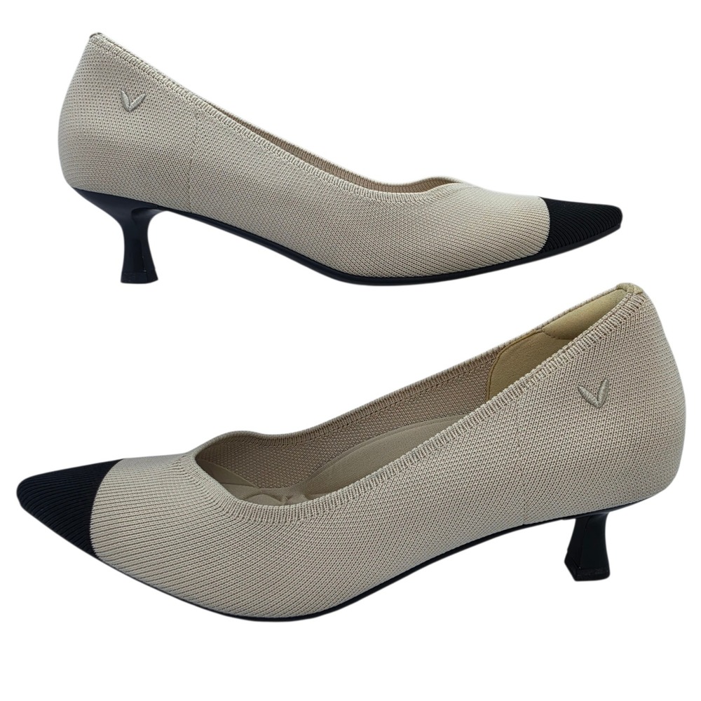 Vivaia Pointed-Toe Kitten Heels Cream Black Cap Toe Knit Pumps 38.5